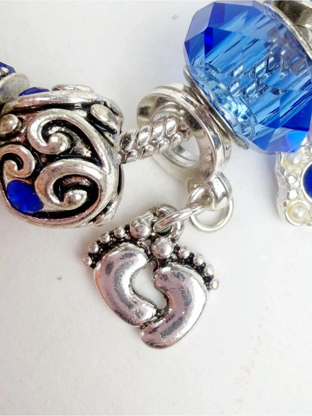 September Sapphire Blue Birthstone Charm Bracelet Silvertone Baby Feet